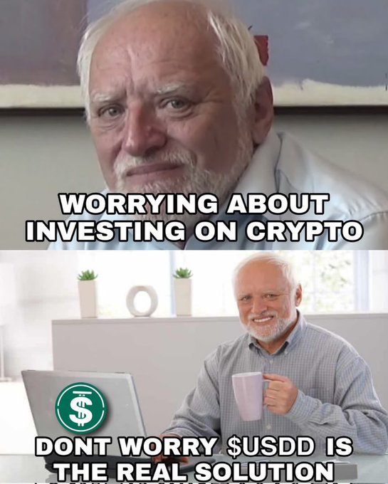 The image is a two-panel meme featuring an elderly man—first shown looking concerned with the caption "WORRYING ABOUT INVESTING ON CRYPTO," then smiling at a laptop while holding a mug with the caption "DONT WORRY $USDD IS THE REAL SOLUTION," alongside a green circular dollar-sign icon. The post’s emphasis on lock-up requirements and flexibility ties directly into the meme’s message, suggesting that $USDD addresses common investor anxieties about crypto by offering a flexible, worry-free alternative.