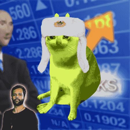 A meme featuring a green frog wearing a white fluffy hat, set against a blue financial chart background with an orange arrow and two cutout faces in the corners.