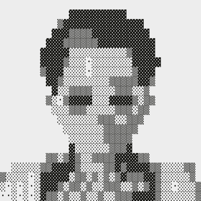 A black and white pixel art portrait of a man with a mustache.