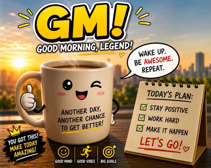 A cheerful Good Morning graphic featuring a winking coffee mug with the text 'GM! GOOD MORNING, LEGEND!' and motivational messages including 'WAKE UP. BE AWESOME. REPEAT.' and a today's plan checklist.