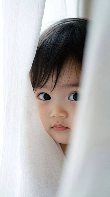 A young child with dark hair peeks through sheer white curtains, looking directly at the camera with a curious expression.