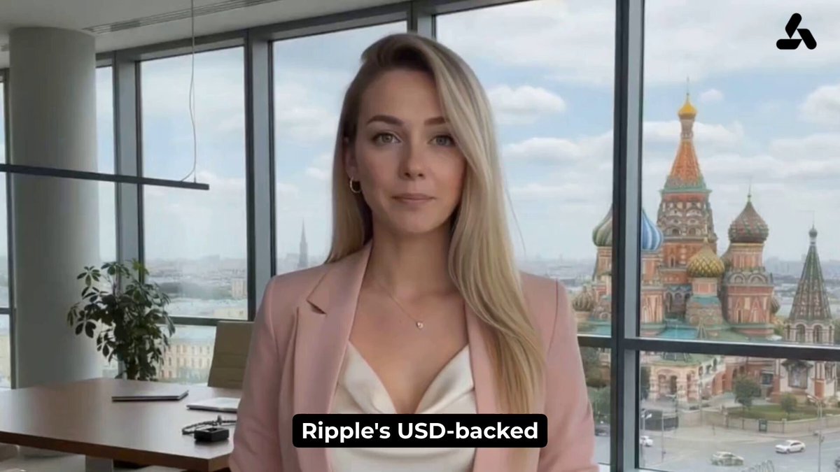 The image features a woman wearing a pink blazer, standing in front of a window with a view of a city skyline. The text "Ripple's USD-backed" can be seen in the image as well.