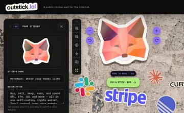 An AI-generated sticker of a Matcha cat on outstick.ai with the description 'Buy, sell, swap, earn, and spend BTC, ETH, and more — while your self-custody crypto wallet...', displayed alongside a Flaticon logo and Stripe payment buttons.