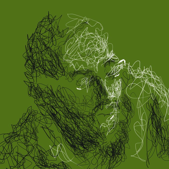 An abstract digital portrait composed of chaotic black and white scribbled lines forming the face of a figure against a solid green background.
