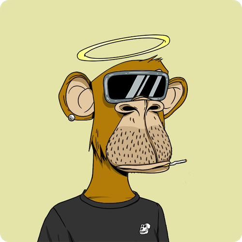 A cartoon illustration of a Bored Ape-style monkey wearing black sunglasses, a halo, and smoking a cigarette, dressed in a black t-shirt with a small skull logo.