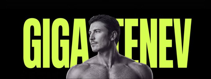 A man with a muscular bare chest is featured in the center of the image, overlaid on bold yellow-green text reading "GIGAGENEV" against a black background. The image serves as a promotional banner for the ticker "$GIGATENEV," aligning with the post's introduction of the coin as a potential new opportunity.