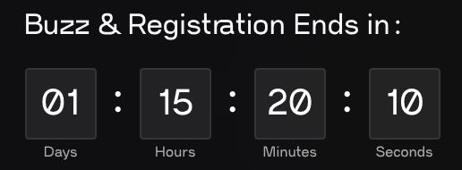 A countdown timer showing 'Buzz & Registration Ends in:' with 01 Days, 15 Hours, 20 Minutes, and 10 Seconds remaining.