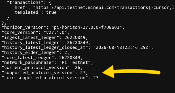 A screenshot of API response data from Pi Network's Testnet showing "supported_protocol_version": 27, with a yellow arrow highlighting this field, indicating that Protocol 27 has been officially supported and is ready for activation on Pi Testnet.