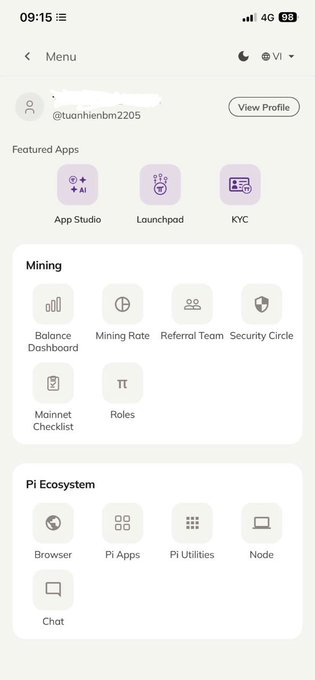 A screenshot of the Pi Network app's main menu showcasing its new interface with sections for Featured Apps (App Studio, Launchpad, KYC), Mining (Balance Dashboard, Mining Rate, Referral Team, Security Circle, Mainnet Checklist, Roles), and Pi Ecosystem (Browser, Pi Apps, Pi Utilities, Node, Chat), highlighting the refreshed design teased ahead of Pi2DAY.