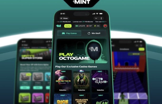 A promotional image for MINT showing a smartphone displaying the "PLAY OCTOGAME" interface and various casino games including "GALACTICA", "PHARAOH'S FORTUNE", and "BEAM".