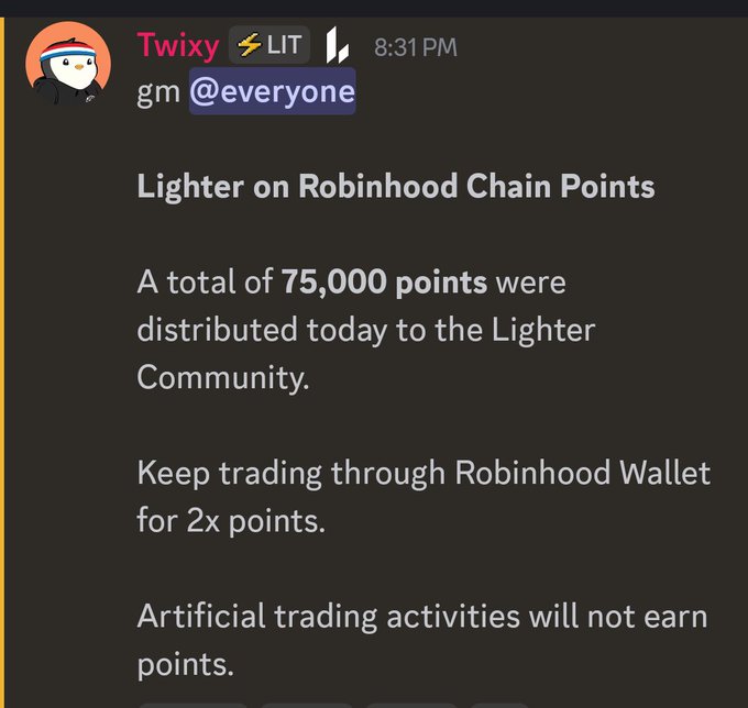 A Discord message from 'Twixy' (LIT) announcing 'Lighter on Robinhood Chain Points' — 75,000 points distributed to the Lighter Community, with 2x points for trading through Robinhood Wallet.