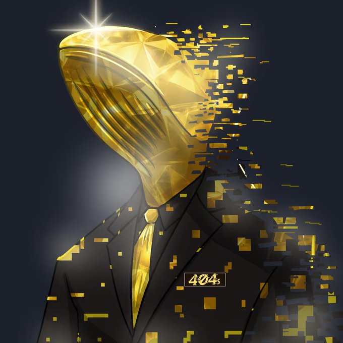 A figure in a black suit and gold tie wears a stylized golden whale head, with the right side of the image dissolving into pixelated gold fragments, visually representing the "1/1 Gold Whale" prize won by @Dmn636. A "404" badge on the suit lapel complements the glitchy, digital aesthetic of the artwork.