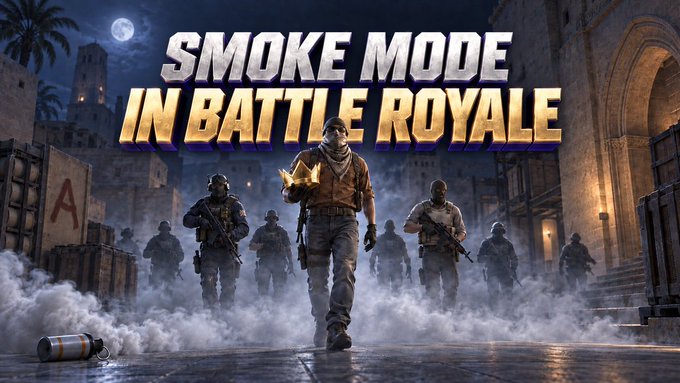Promotional artwork for a video game with the text 'SMOKE MODE IN BATTLE ROYALE' above heavily armed soldiers advancing through a smoke-filled urban environment.