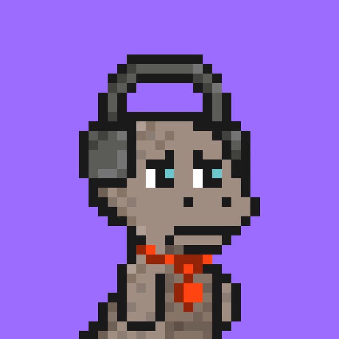 A pixel art character with gray fur, blue eyes, headphones, and a red scarf stands against a solid purple background.