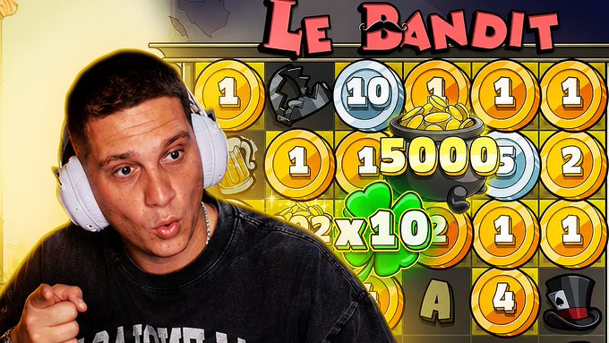 A man wearing headphones is superimposed over a slot machine game titled "Le Bandit" featuring gold coins and a x10 multiplier.