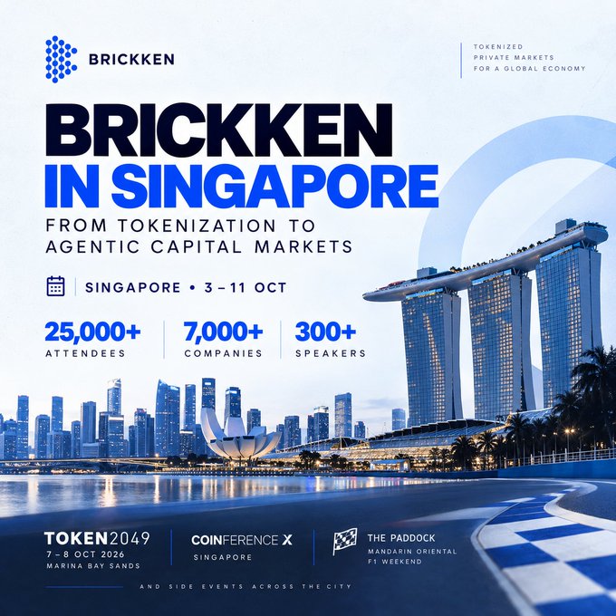 A promotional poster for 'BRICKKEN IN SINGAPORE' event scheduled for October 3-11, with the tagline 'FROM TOKENIZATION TO AGENTIC CAPITAL MARKETS,' featuring 25,000+ attendees, 7,000+ companies, and 300+ speakers, showcasing the Marina Bay Sands and Singapore skyline.