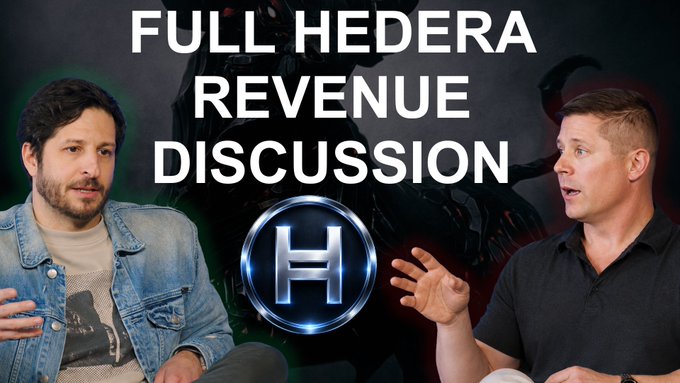 A YouTube thumbnail titled 'FULL HEDERA REVENUE DISCUSSION' featuring two men in conversation with the Hedera HBAR logo displayed prominently in the center.