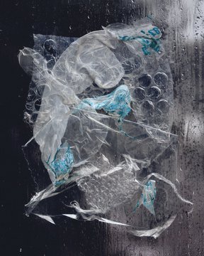 A crumpled clear plastic bag clings to a dark, wet surface, with blue text partially visible on a label inside.