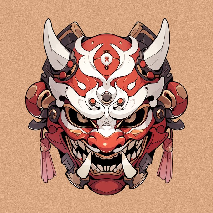 An illustration of a fierce red oni or demon mask with white horns, sharp teeth, and traditional Japanese styling.