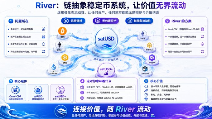 Infographic in Chinese explaining the 'River' abstract stablecoin system, detailing its Omni-CDP, satUSD, and satUSD+ components.