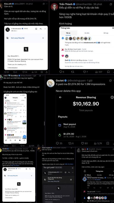 A collage of Twitter/X screenshots featuring various posts from accounts like 'Kieu.eth', 'Trần Thành', 'Quviet', and others discussing MoneyLand and revenue shares.