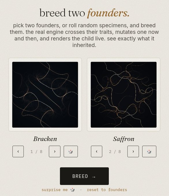 A digital interface titled 'breed two founders' shows two specimens labeled 'Bracken' (1/8) and 'Saffron' (2/8) above a 'BREED' button, with text explaining the breeding mechanics.