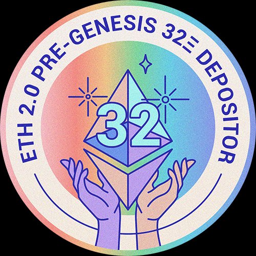 A circular graphic design reads "ETH 2.0 PRE-GENESIS 32 DEPOSITOR" and features hands holding an Ethereum logo with the number "32" in the center.