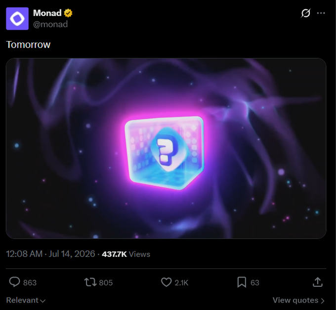 A tweet from Monad (@monad) posted at 12:08 AM on Jul 14, 2026, with the text "Tomorrow," featuring a glowing blue and purple cube with a question mark icon, teasing an upcoming and unannounced event—reportedly tied to a controversial fake airdrop announcement.