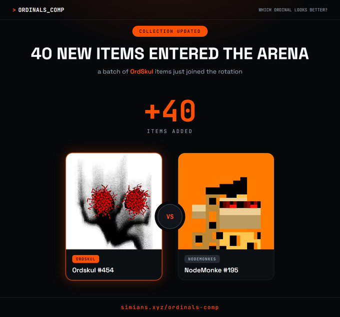 A dark-themed graphic from ordinals_comp announcing '40 NEW ITEMS ENTERED THE ARENA' featuring OrdSkul #454 vs NodeMonke #195 in a comparison layout.