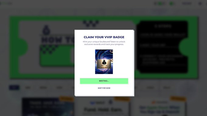 A pop-up window titled 'CLAIM YOUR VIPIP BADGE' offers to mint a unique Soundbound Token, with a green 'MINTING...' button and a 'SKIP FOR NOW' option.