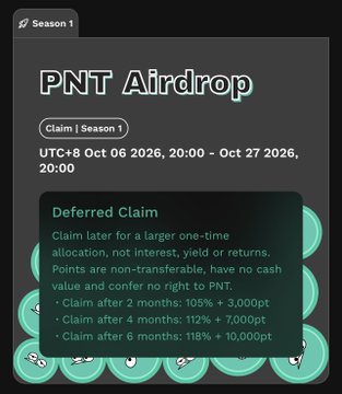 A dark-themed informational graphic titled 'PNT Airdrop - Claim | Season 1' with dates 'UTC+8 Oct 06 2026, 20:00 - Oct 27 2026, 20:00', detailing a 'Deferred Claim' structure with increasing point allocations at 2, 4, and 6 months.