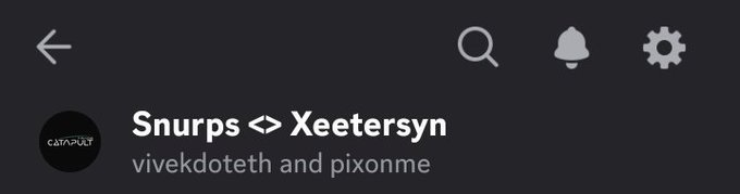 The image shows a dark-themed user interface with navigation icons (back arrow, search, notifications, settings) and a profile section labeled "Snurps <> Xeetersyn" with the subtitle "vivekdoteth and pixonme." This appears to be a user profile or account page that visually represents the "Xeetersyn is locked in" caption, suggesting the user is actively engaged or committed to the platform.