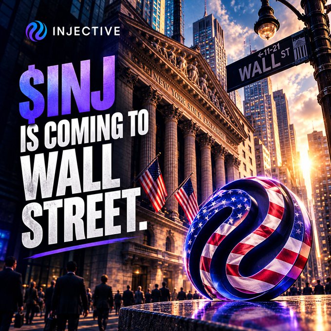 The image features a promotional graphic announcing that $INJ (Injective) is "coming to Wall Street," displayed against the iconic backdrop of the New York Stock Exchange with American flags and a street sign. A large Injective logo wrapped in the American flag design sits prominently in the foreground, visually reinforcing the post's theme of bridging cryptocurrency with traditional financial markets through tokenized real-world assets and institutional infrastructure.