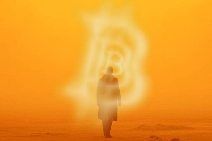 A cinematic image with an orange color palette showing a silhouetted figure standing before a glowing Dharma Initiative symbol from the TV show Lost.