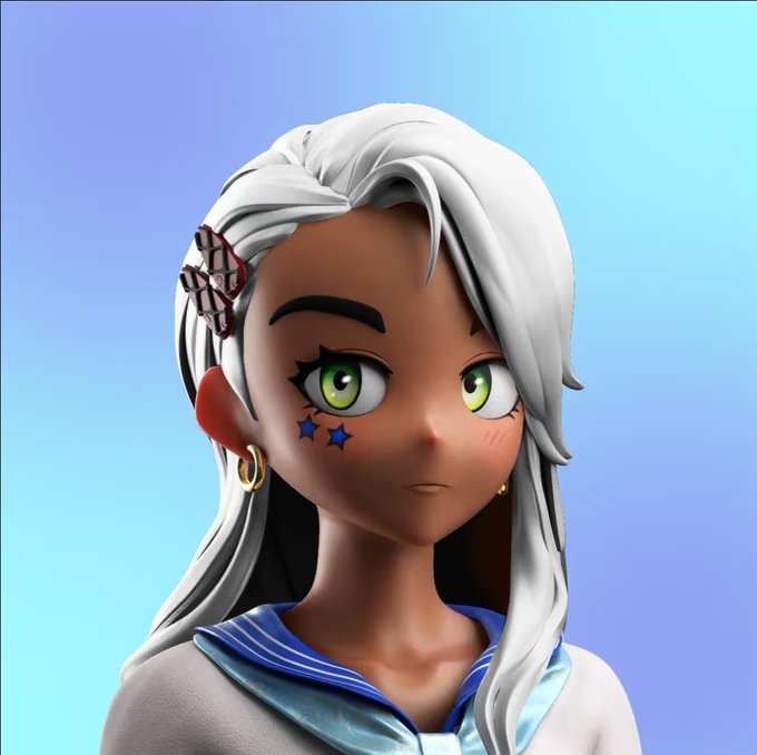 A 3D-rendered anime-style girl with white hair, green eyes, star face markings, and a hair clip, wearing a blue sailor-style collar.