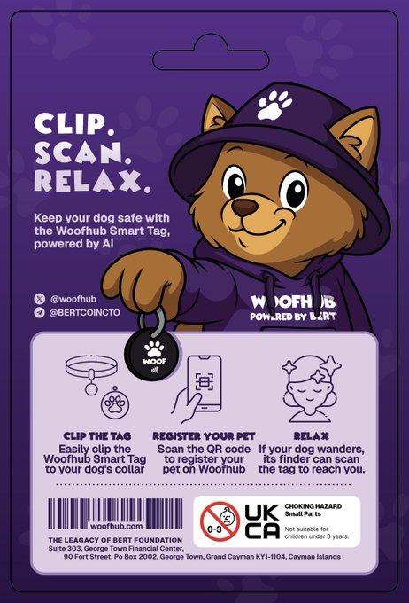 A purple product packaging card for the 'Woofhub Smart Tag' shows a cartoon dog wearing a hat, instructing users to 'CLIP. SCAN. RELAX.' with social handles @woofhub and @BERTCOINTO.