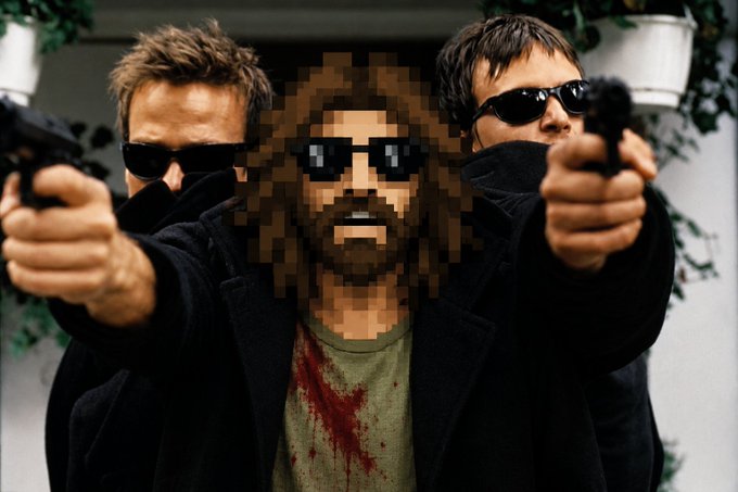 The image features two men posing with guns, wearing sunglasses and a green shirt that has blood stains on it. The background includes some plants and a building, which adds context to the scene. The caption for this image reads "Funny guy and impressive, don' forget to join Midnight.city #Midnight network #Cardano #Web3" and is related to the post about the "Saints of the City".