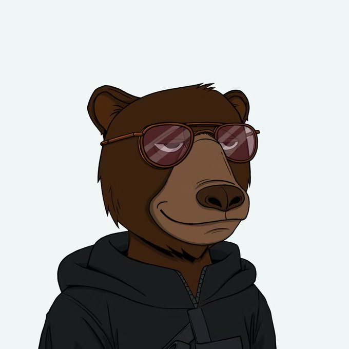 A cartoon illustration of a brown bear wearing round red-tinted sunglasses and a dark hoodie with a slight smirk.