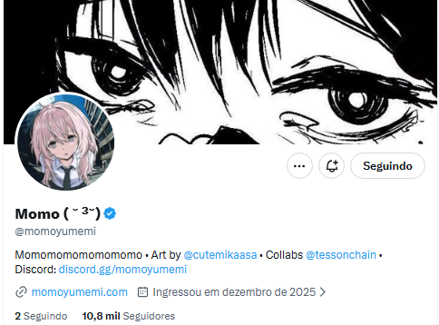 Twitter profile for Momo (@momoyumemi) showing anime-style artwork header, with 10.8M followers, following 2 accounts, and links to her Discord and website momoyumemi.com.