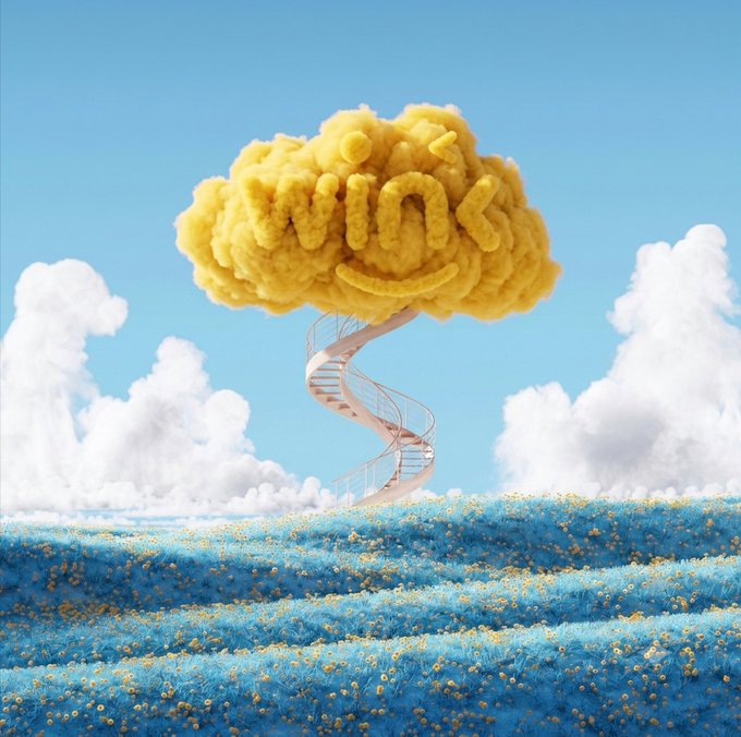 A whimsical 3D render of a yellow cloud shaped into the text '110%' floating above a blue grassy field, with a spiral staircase leading up to it.