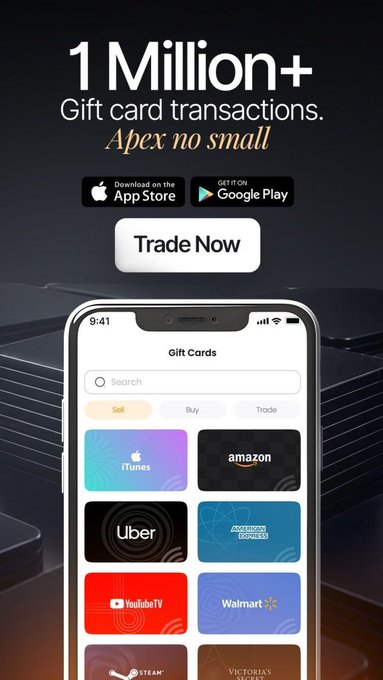 A promotional advertisement for a gift card trading app displays '1 Million+ Gift card transactions' and 'Apex no small', showing app store badges and a phone screen with brand logos like iTunes, Amazon, Uber, and YouTube TV.