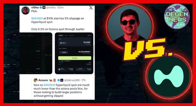 The image is a "DEGEN NEWS" comparison graphic showing tweets from @vibhu and @blknolz claiming that a $10,000 ANSEM buy has only 0.5% slippage on Solana spot via Jupiter compared to 5% slippage on Hyperliquid spot, paired with a stylized "VS" faceoff between two anonymous figures representing the two trading platforms. The graphic visually frames the claim that Solana offers much lower slippage than Hyperliquid for the same trade size.
