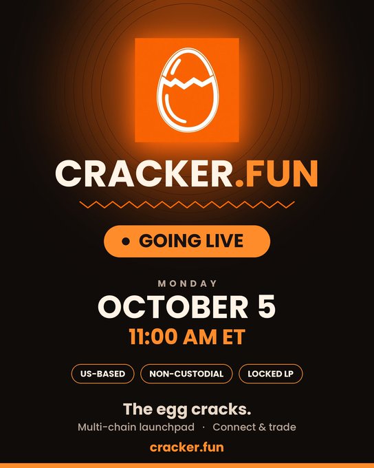 A promotional graphic for "CRACKER.FUN" announces the platform going live on Monday, October 5 at 11:00 AM ET, featuring an orange egg logo cracked open and highlighting key features: US-based, non-custodial, and locked LP, with the tagline "The egg cracks. Multi-chain launchpad · Connect & trade." The image visually reinforces the post's claim that Cracker.Fun will be the first American meme launchpad to combine all four distinguishing traits (US-based LLC, named CEO, public audit, and more) on day one.