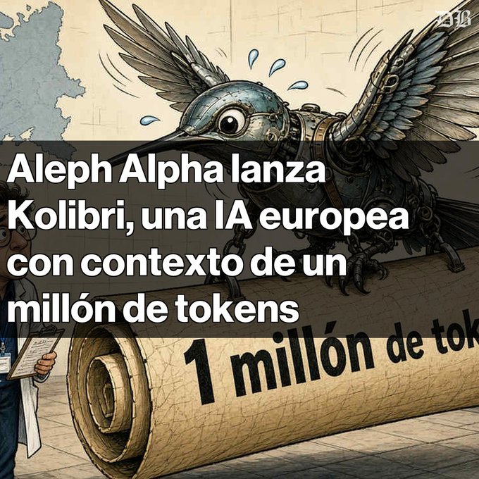 A satirical illustration of a mechanical hummingbird carrying a scroll labeled "1 millón de tok...", with Spanish text reading "Aleph Alpha lanza Kolibri, una IA europea con contexto de un millón de tokens".