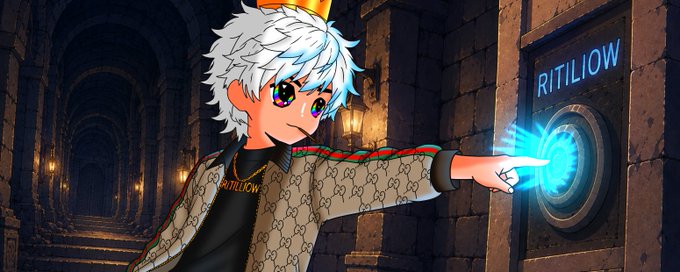 An anime-style character with white hair and a crown presses a glowing blue button labeled "RITILIOW" on a stone wall, visually teasing the upcoming NFT mint with a 777 supply on Ethereum. The futuristic, dungeon-like setting reinforces the Web3 excitement around the project's launch.