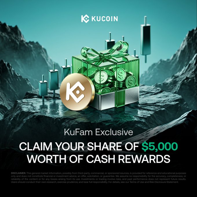 A promotional KuCoin "KuFam Exclusive" graphic shows a green gift box filled with coins and a KuCoin logo coin atop a rocky landscape, advertising a "$5,000" cash reward giveaway for new traders to make their first trade on the platform.