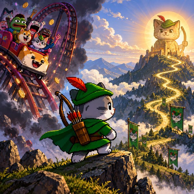 A colorful pixel-art fantasy scene shows a green-hooded archer looking toward a distant cat-shaped castle, while a roller coaster full of excited cats plunges through the mountains.