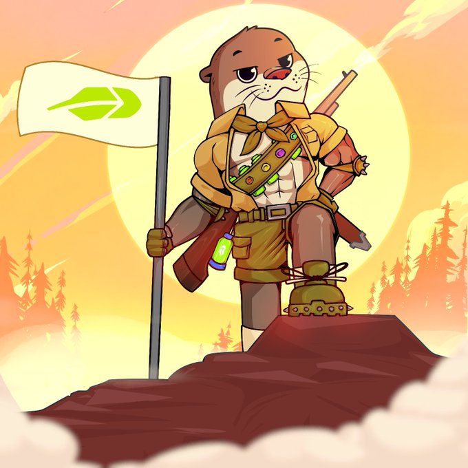 A digital illustration of an anthropomorphic otter dressed as a scout or explorer, wearing a brown uniform with badges and a utility belt, holding a flag with a green leaf logo while standing triumphantly on a rock against a sunset background.