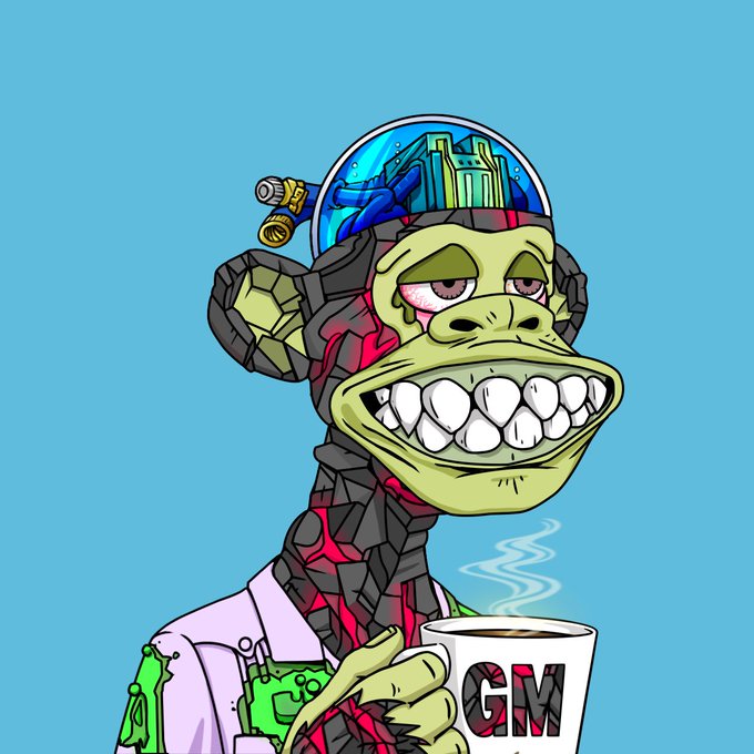 A cartoon illustration of a green-skinned, grumpy-looking humanoid turtle-like creature with an exposed mechanical brain, holding a steaming mug labeled 'GM' against a blue background.