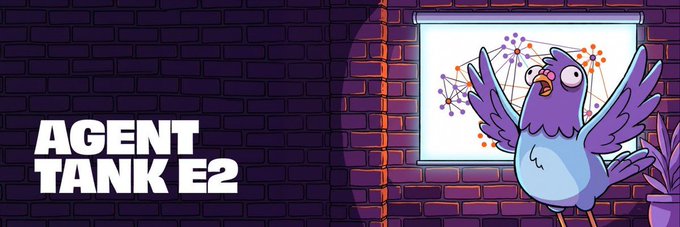 A purple cartoon bird stands in front of a projection screen with the text 'AGENT TANK E2' displayed on a brick wall background.